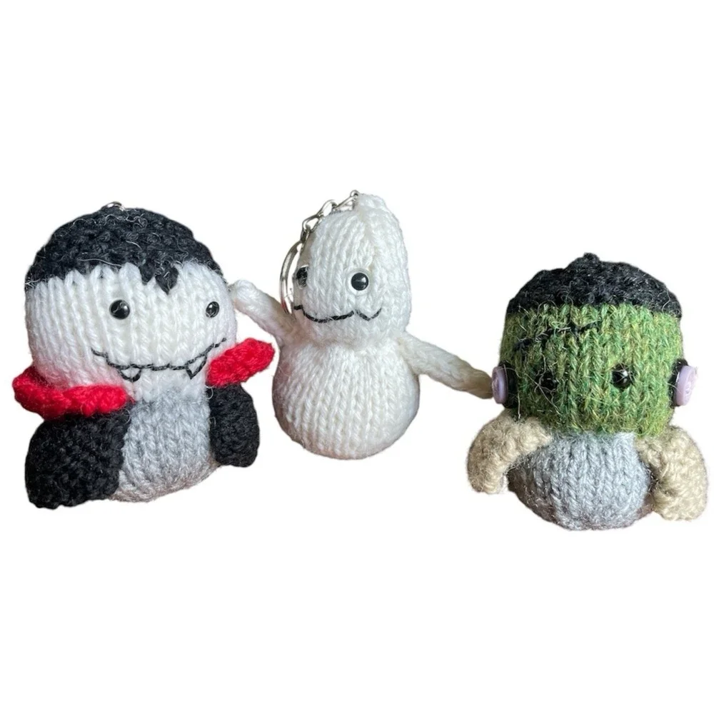Handmade Halloween Keyring Ghost Dracula Frankestein Set of 3 Bag Charms Knitted